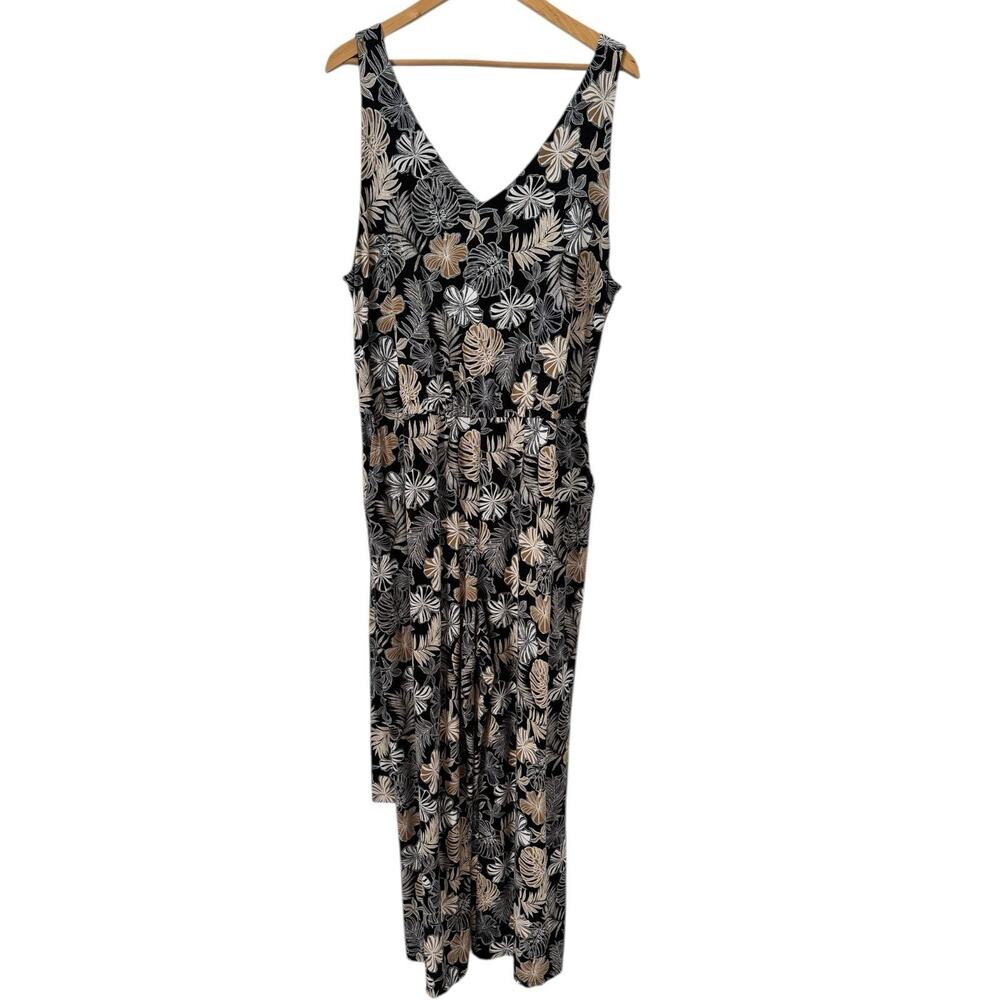 J. Jill Wearever Collection Black Floral Wide Leg Smocked Jumpsuit Size XLP